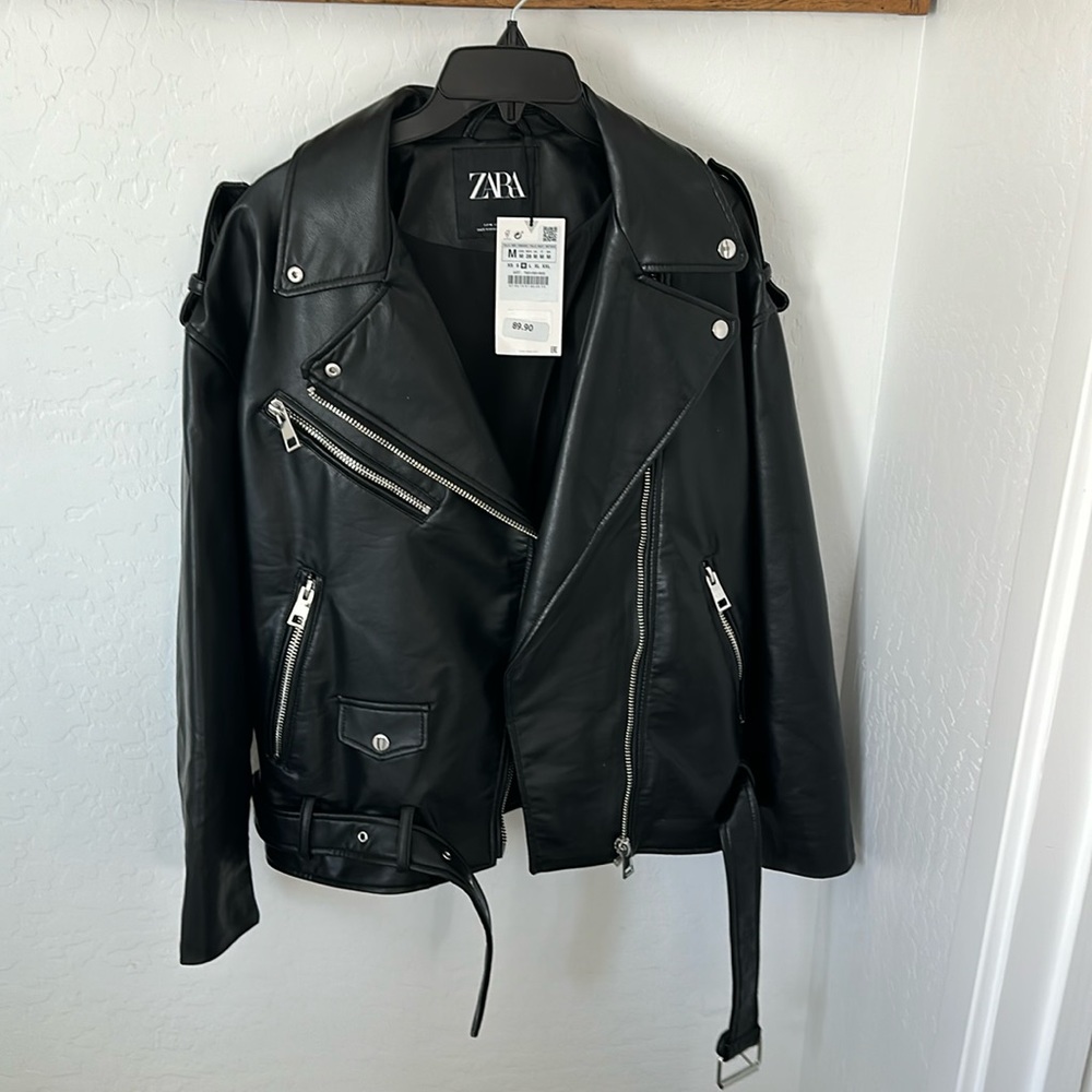 Zara Jet Black Biker Leather Jacket
